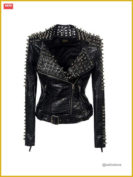 Jackets & Blazers - Faux Leather Studded Rivet Motorcycle Jacket with Zipper Closure